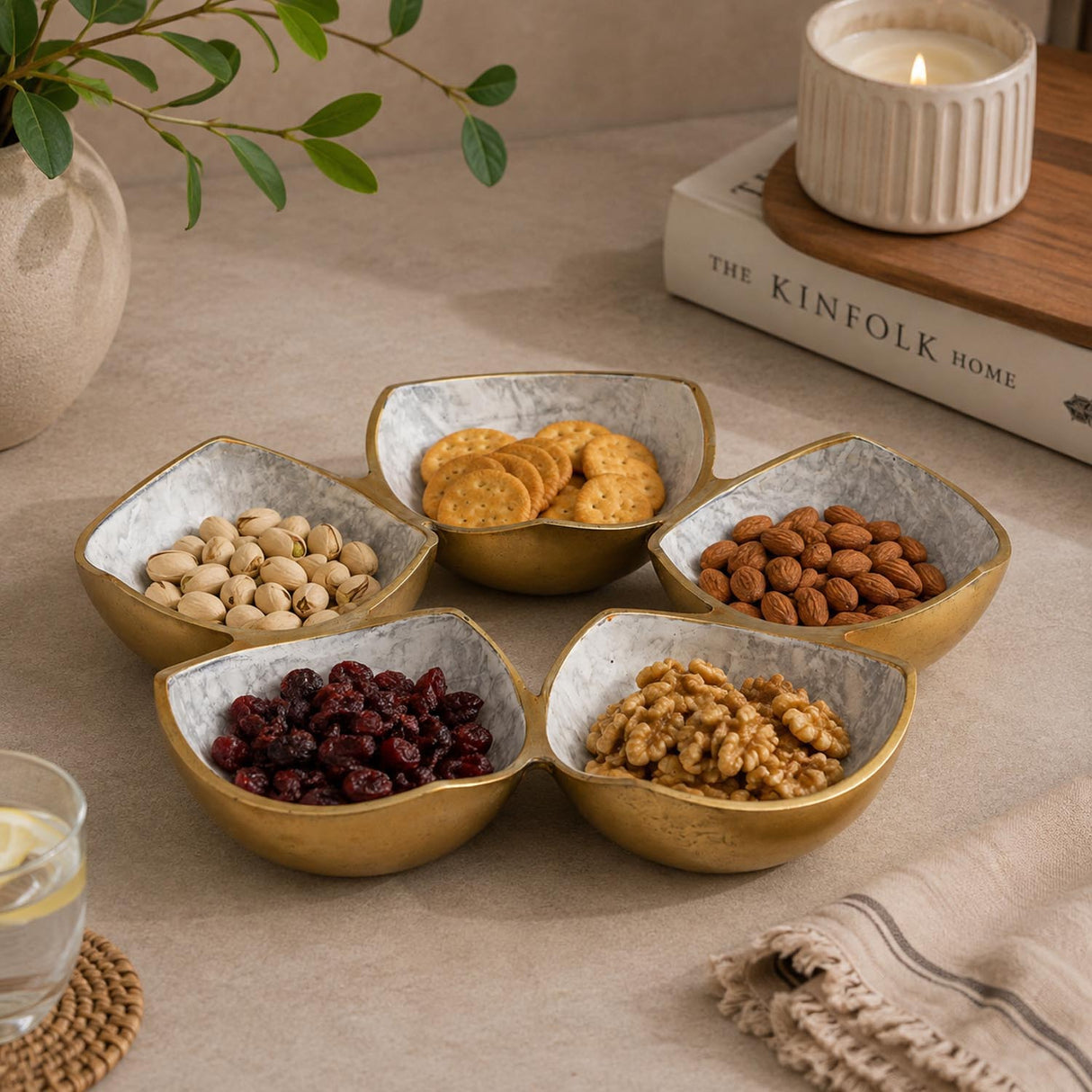 Five Bowls Round Serving Platter- White & Gold