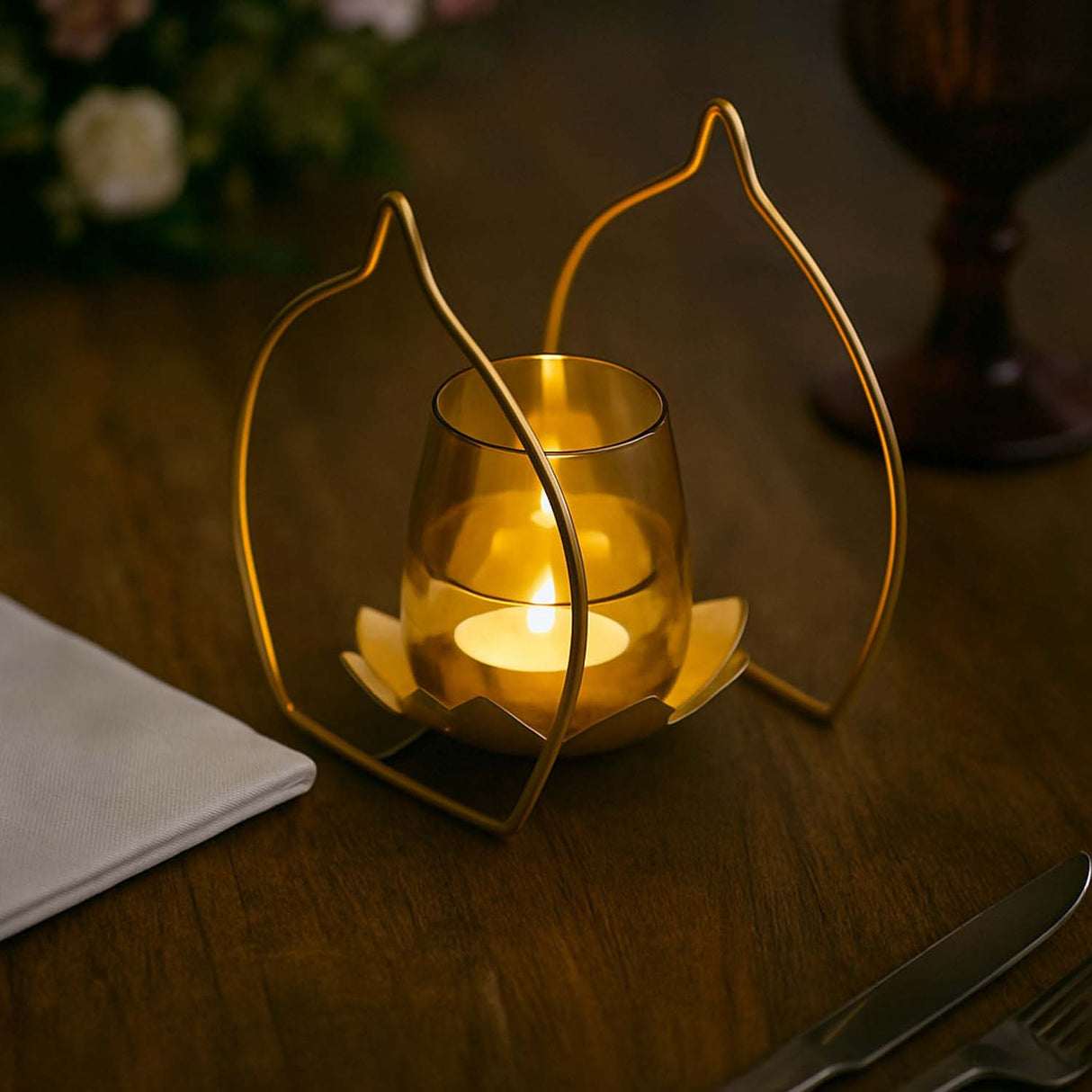 Decorative Single Lotus Votive Candle Holder- Gold