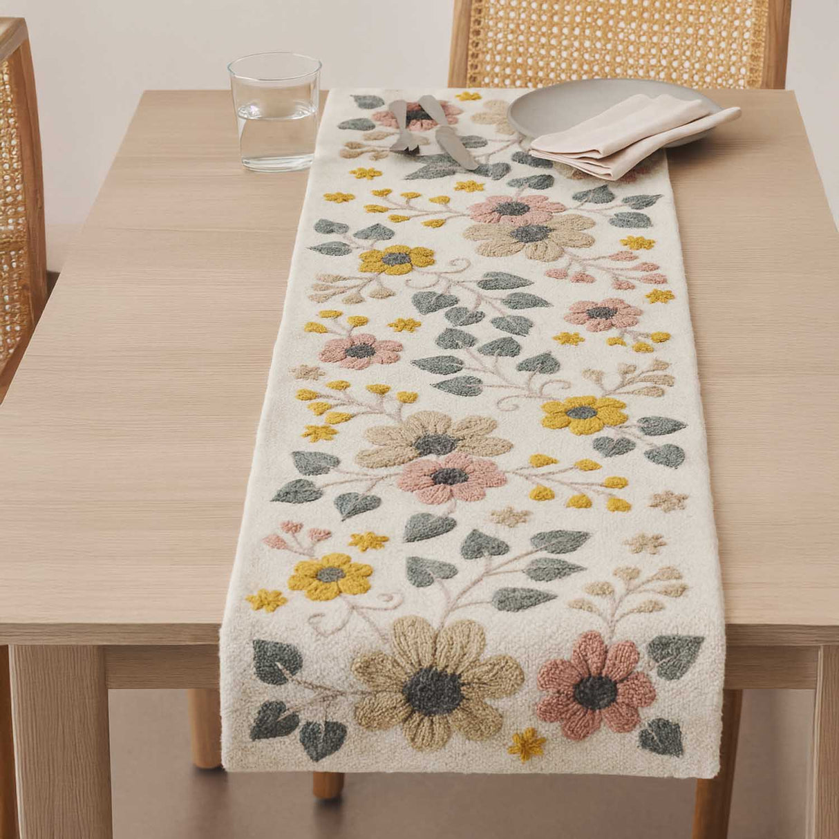 Floral Embroidery Table Runner Small- Beige & Green