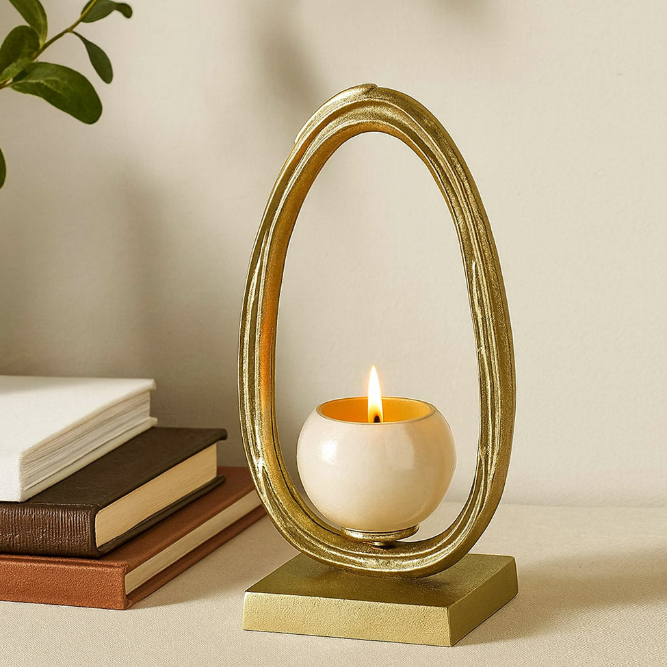 Glass Candle Stand with Metal Arch Handle Large- Cream and Gold