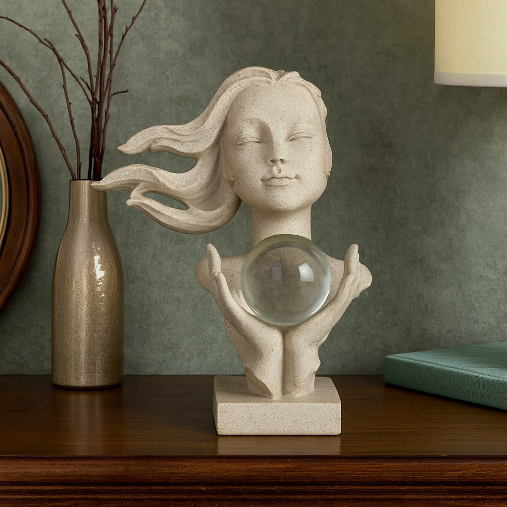 Lady Holding Crystal Sphere Decorative Polyresin Showpiece- Sand Brown