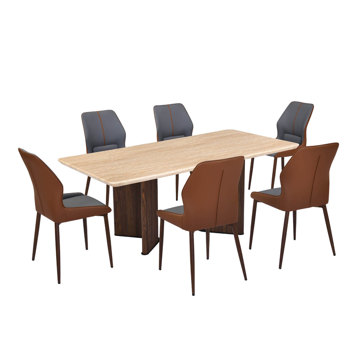 6 Seater Trava Marble Dining Set with Dexor Base and Ellipse Chairs- Travertine