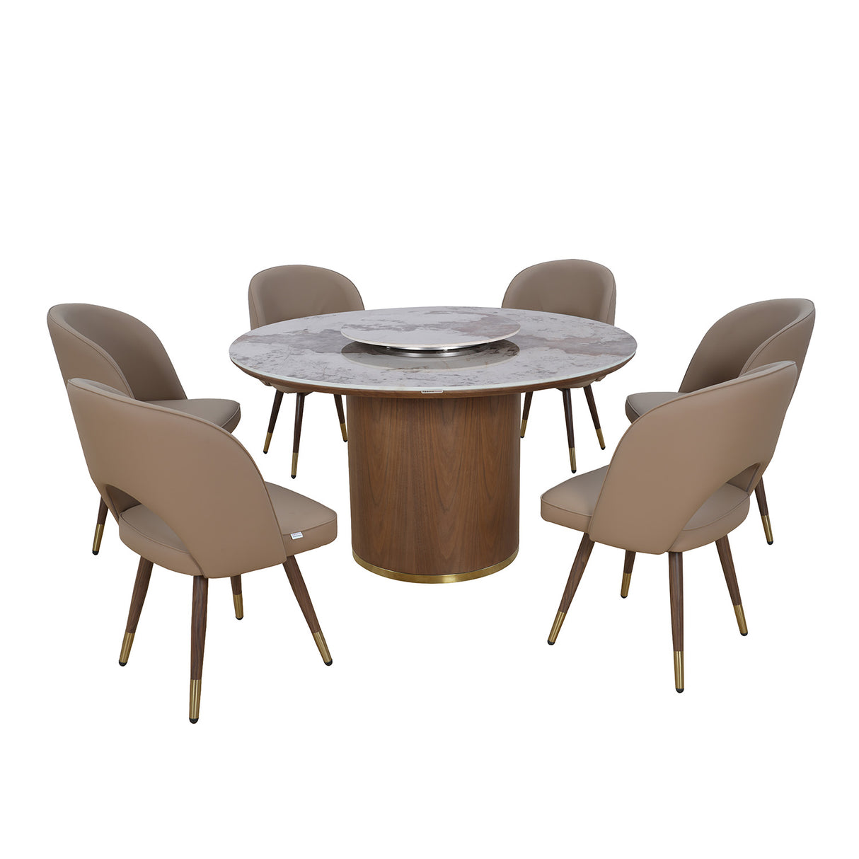 Empera 6 Seater Round Dining Set- Beige & Walnut