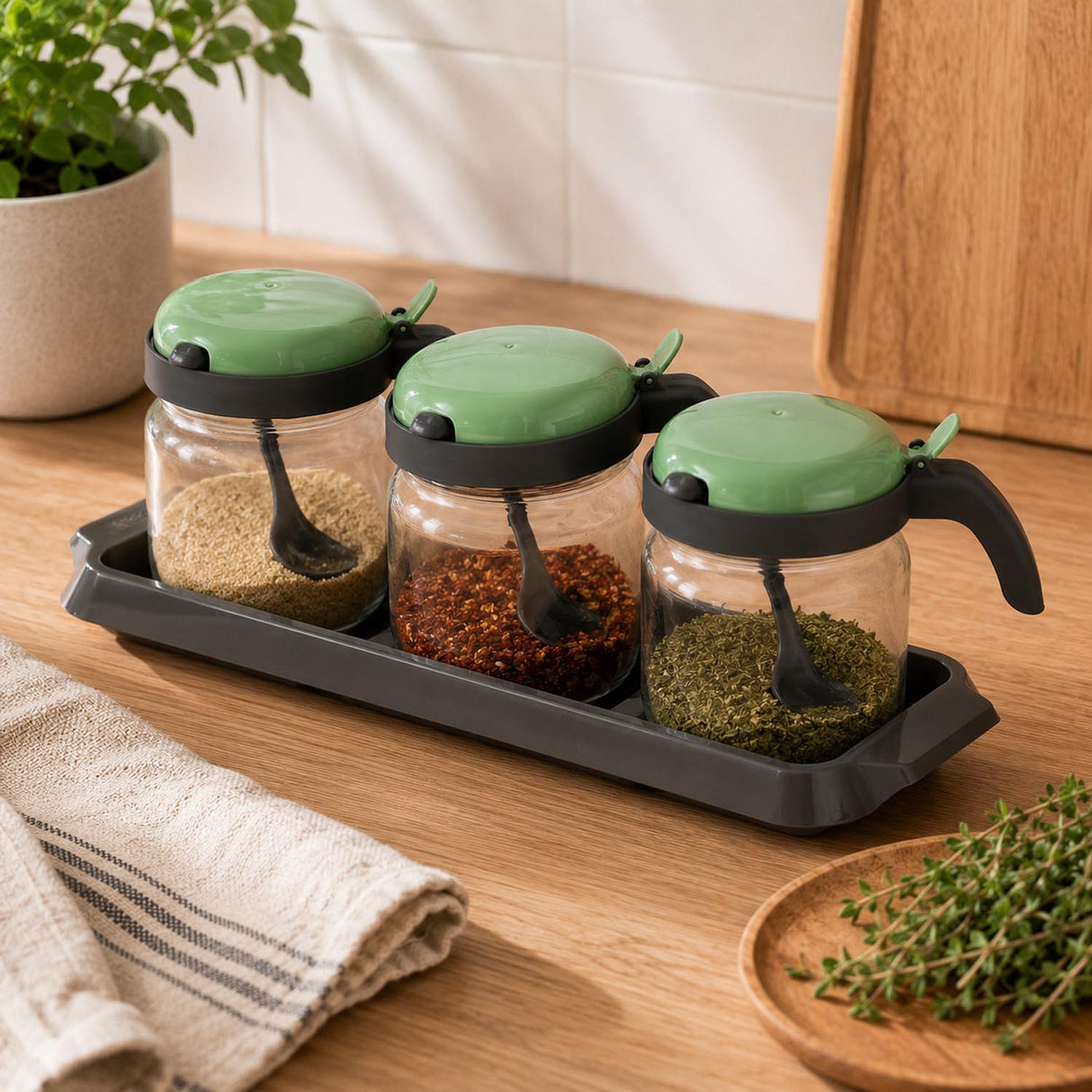 Spice Jar Set of 3 with Spoon- Green, 425 ml