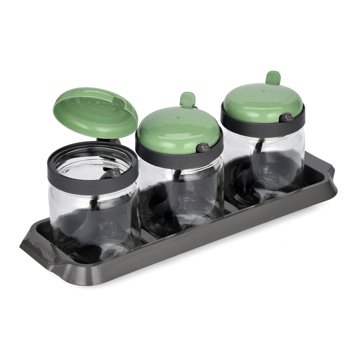 Spice Jar Set of 3 with Spoon- Green, 425 ml