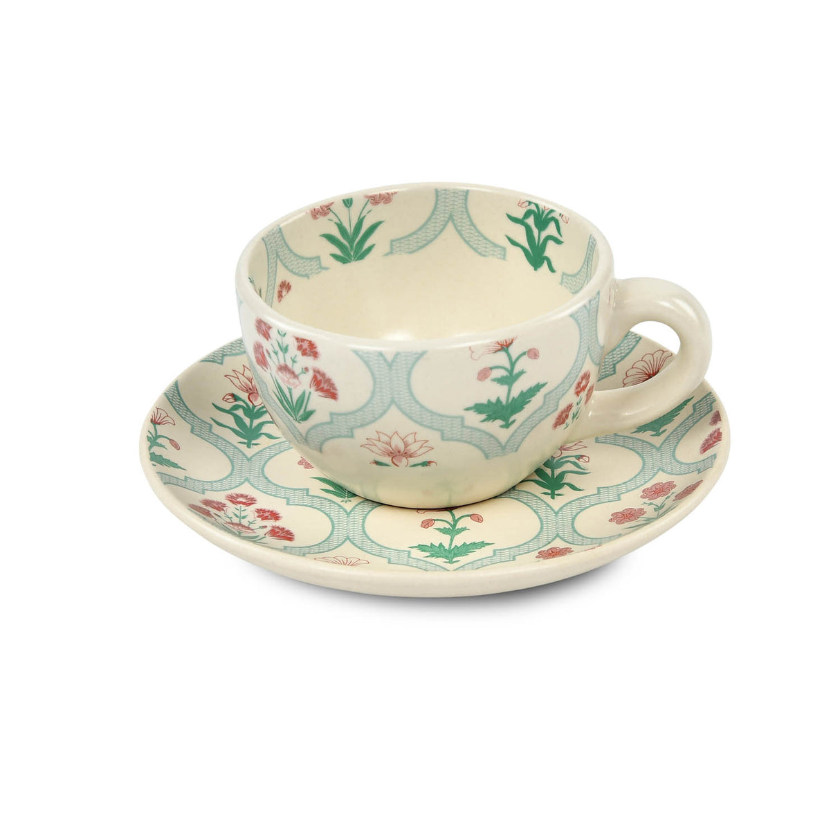 Jarokha Print 180ml Stoneware Cup & Saucer- Matt Green