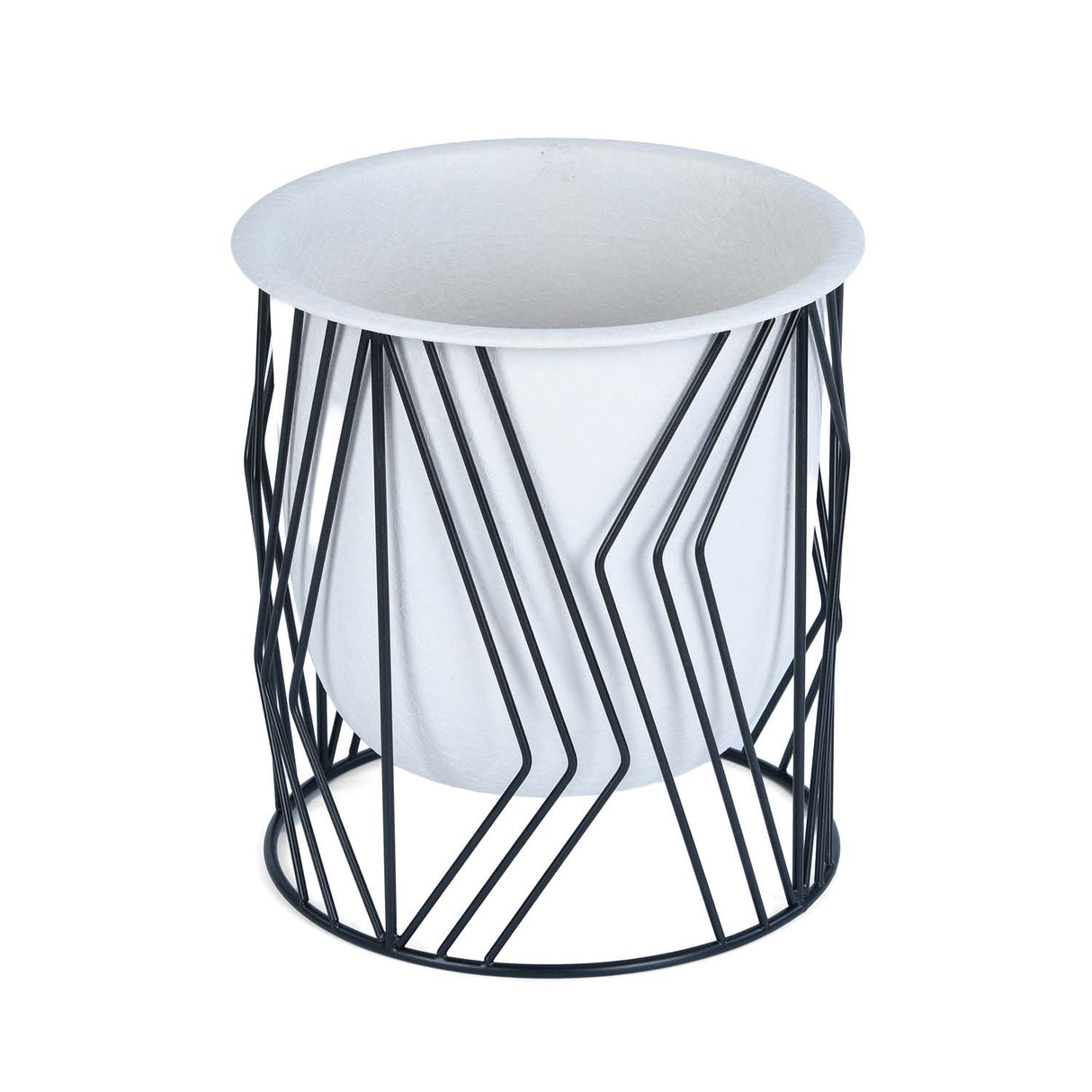 Decorative Planter On Zigzag Stand- Medium, Ivory & Black