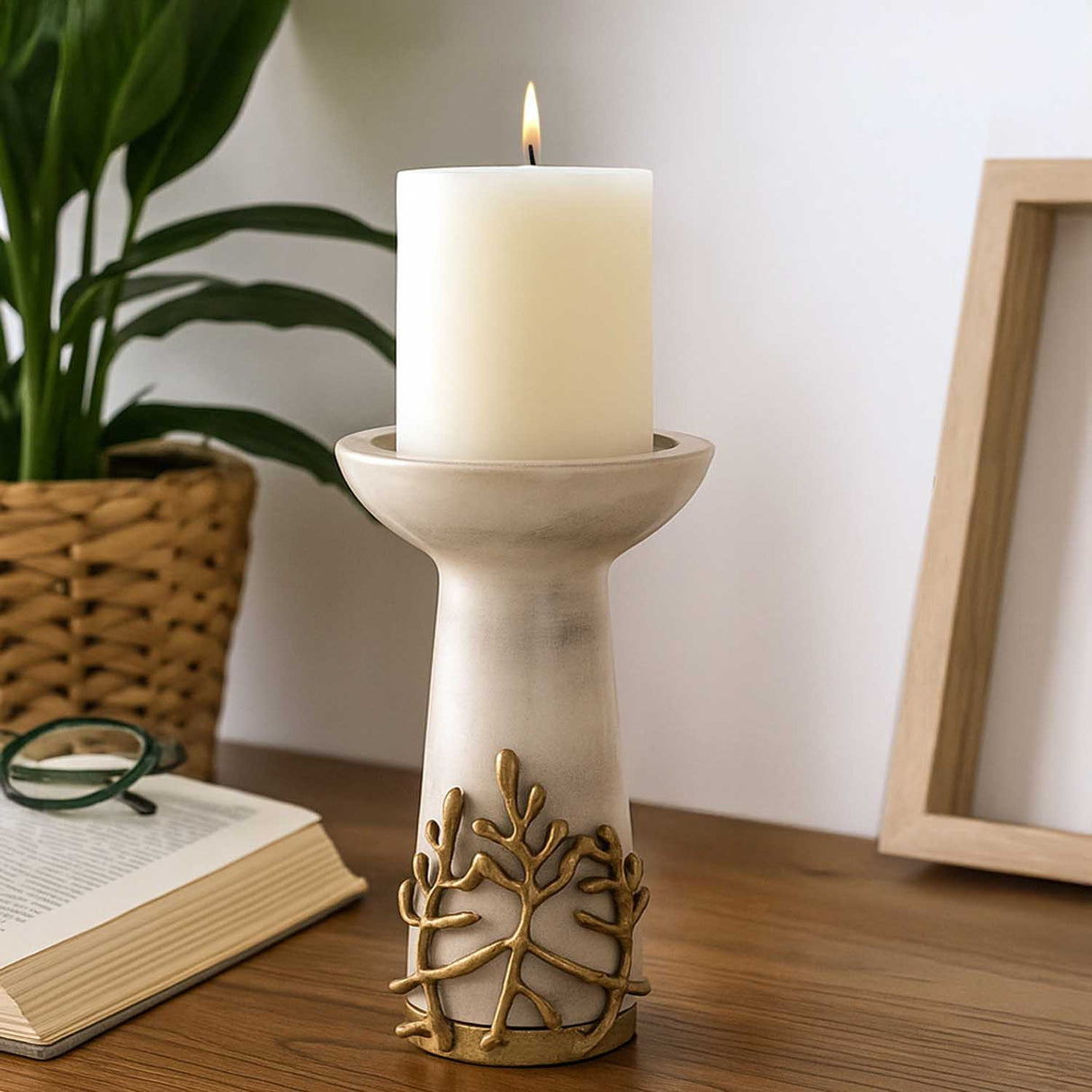 Decorative Candle Holder with Golden Branch Small - Beige and Gold