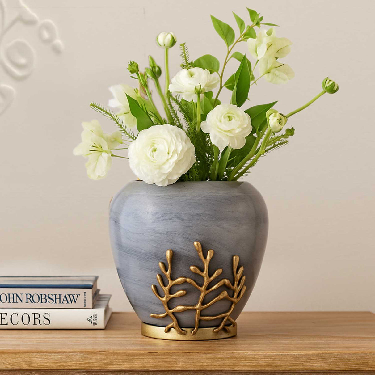 Decorative Broad Droplet Vase with Golden Branch Large - Gold