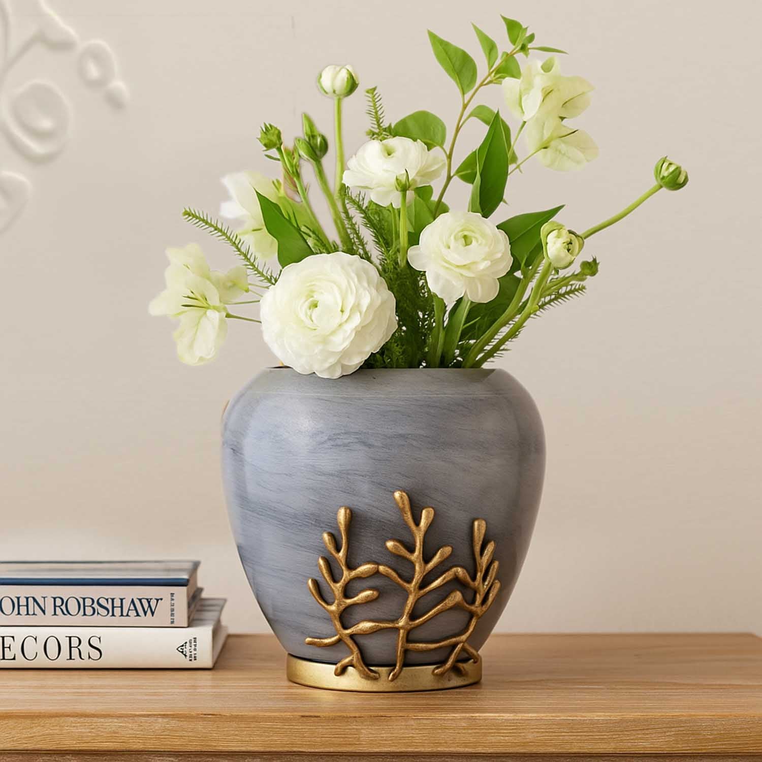 Decorative Broad Droplet Vase with Golden Branch Large - Gold