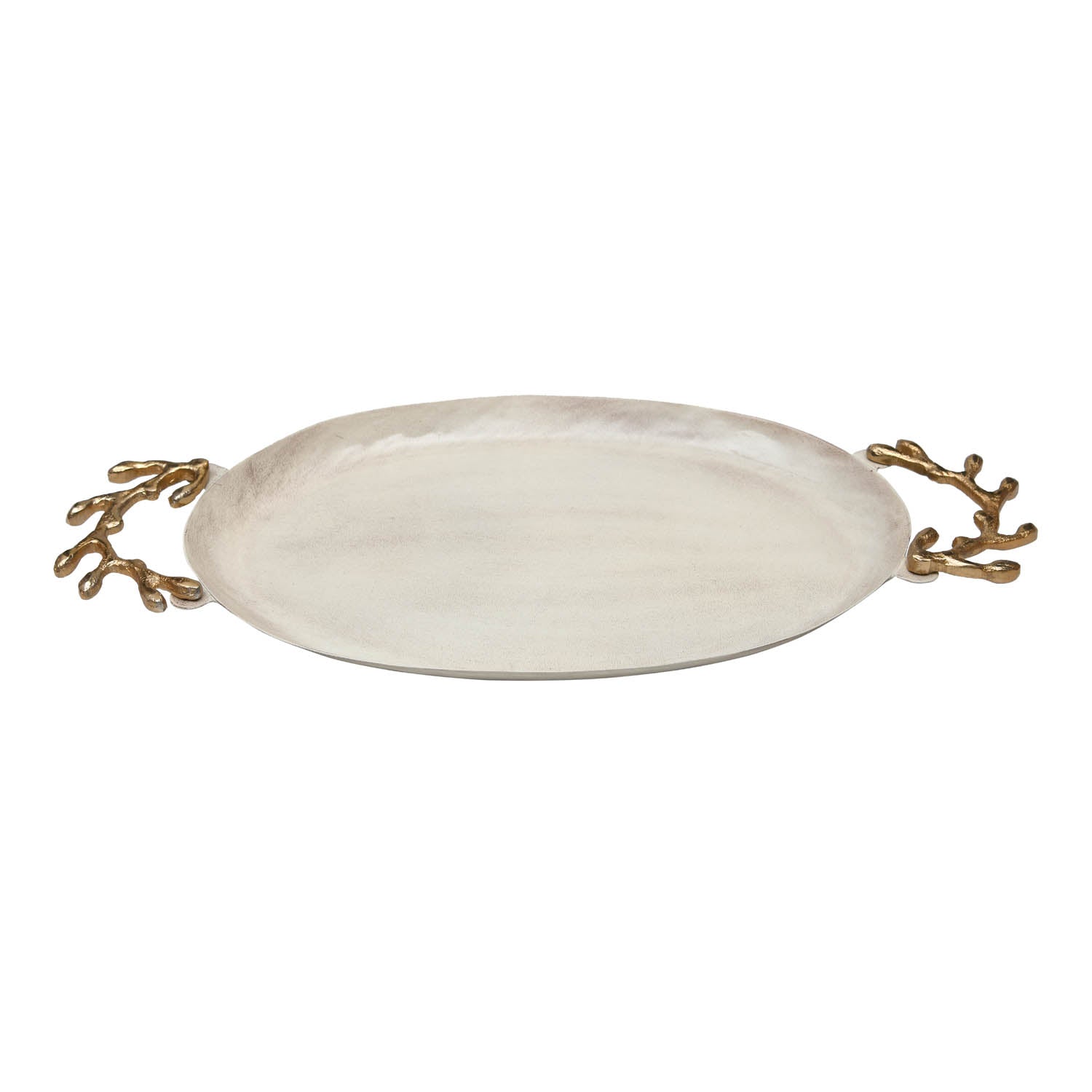 Oval Serving Platter with Golden Branch Handle Large- Beige and Gold