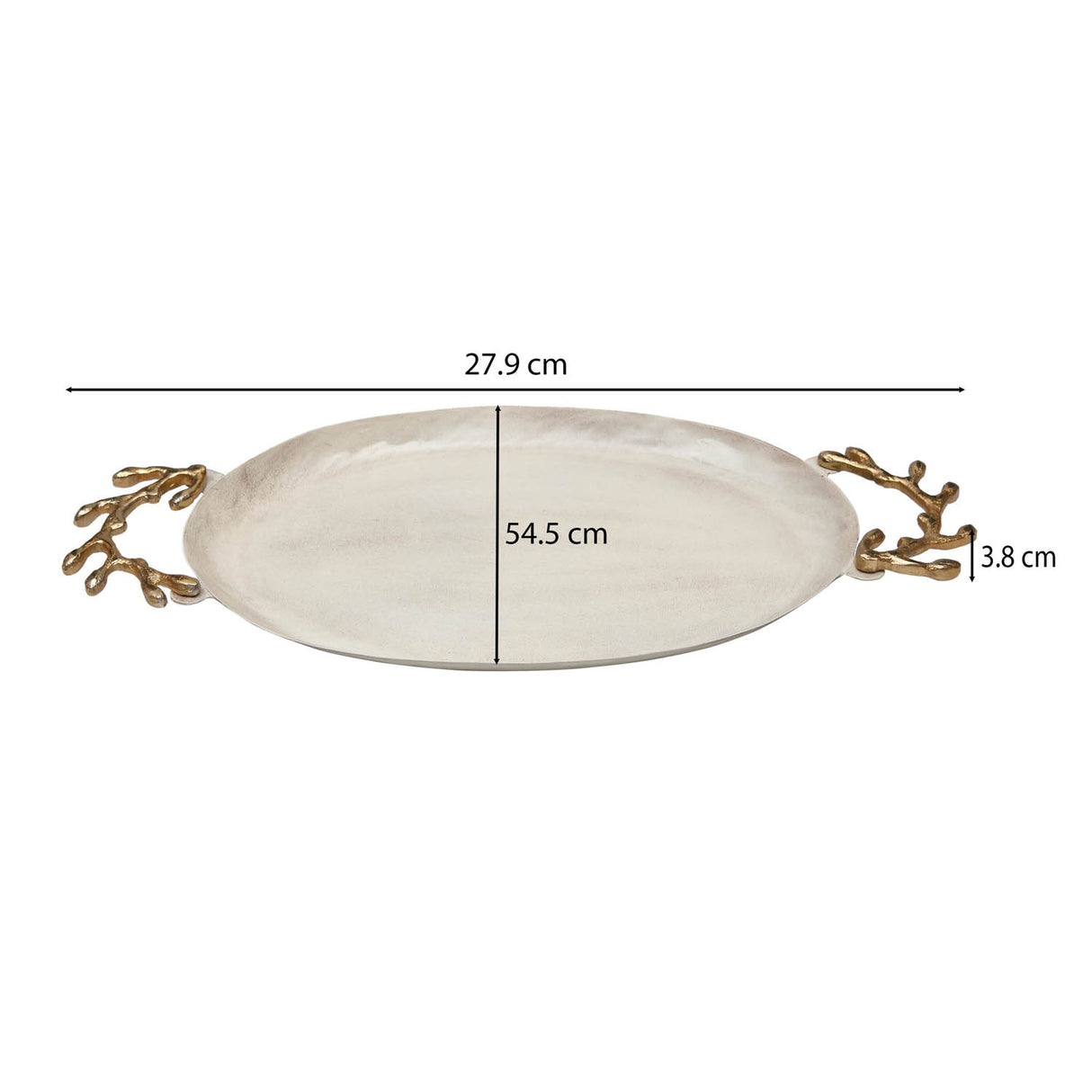 Oval Serving Platter with Golden Branch Handle Large- Beige and Gold
