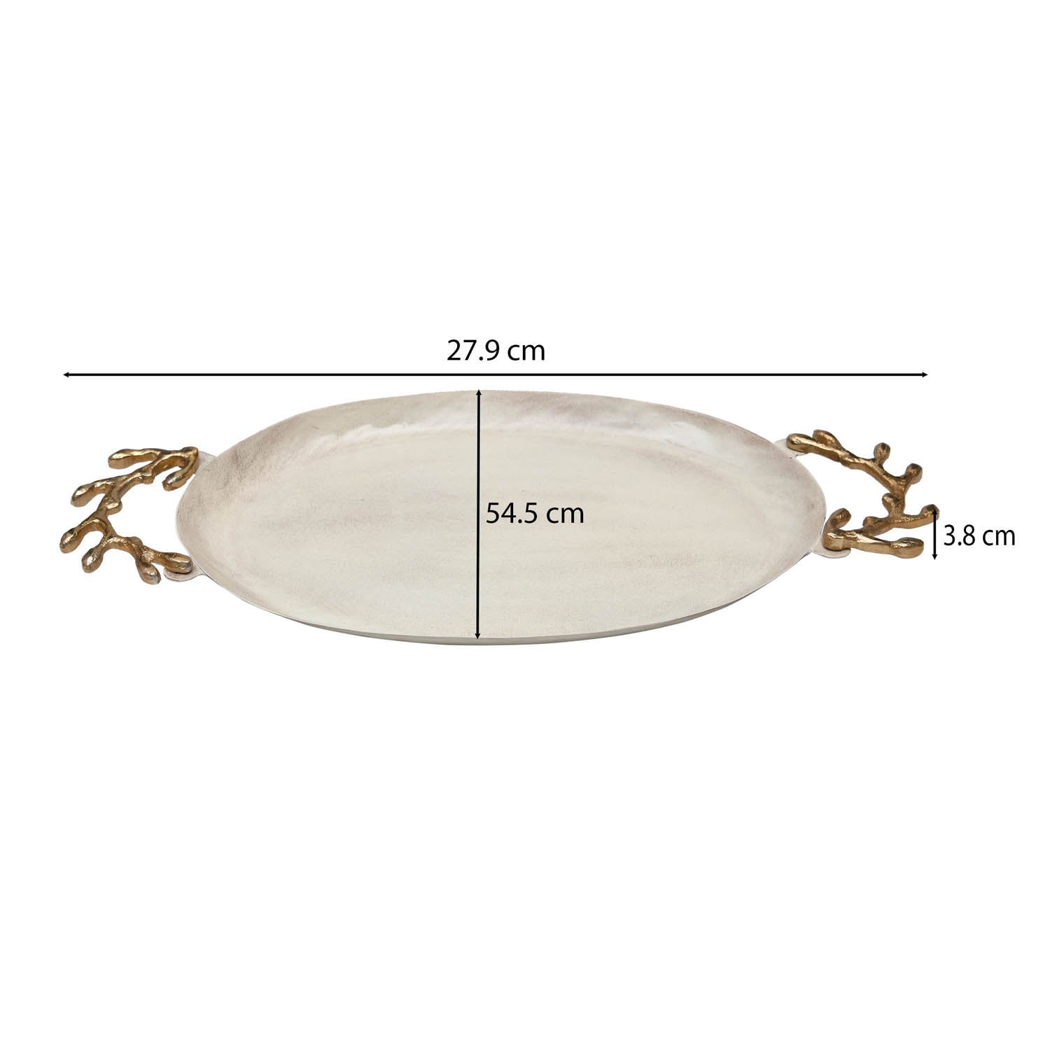 Oval Serving Platter with Golden Branch Handle Large- Beige and Gold