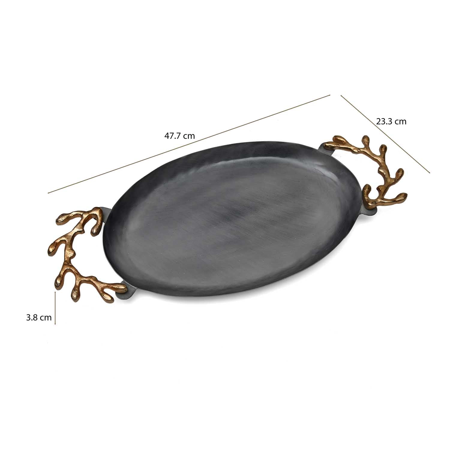 Oval Serving Platter with Golden Granch Handle Small- Grey and Gold