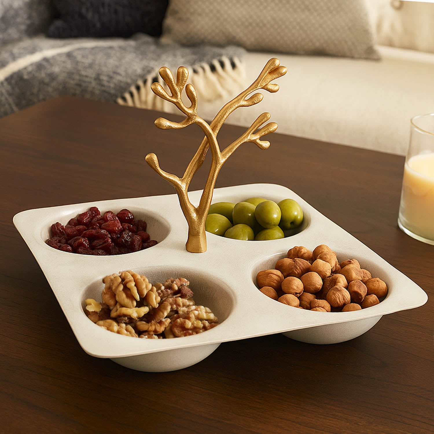 4 Compartment Square Serving Platter With Golden Branch- Beige and Gold