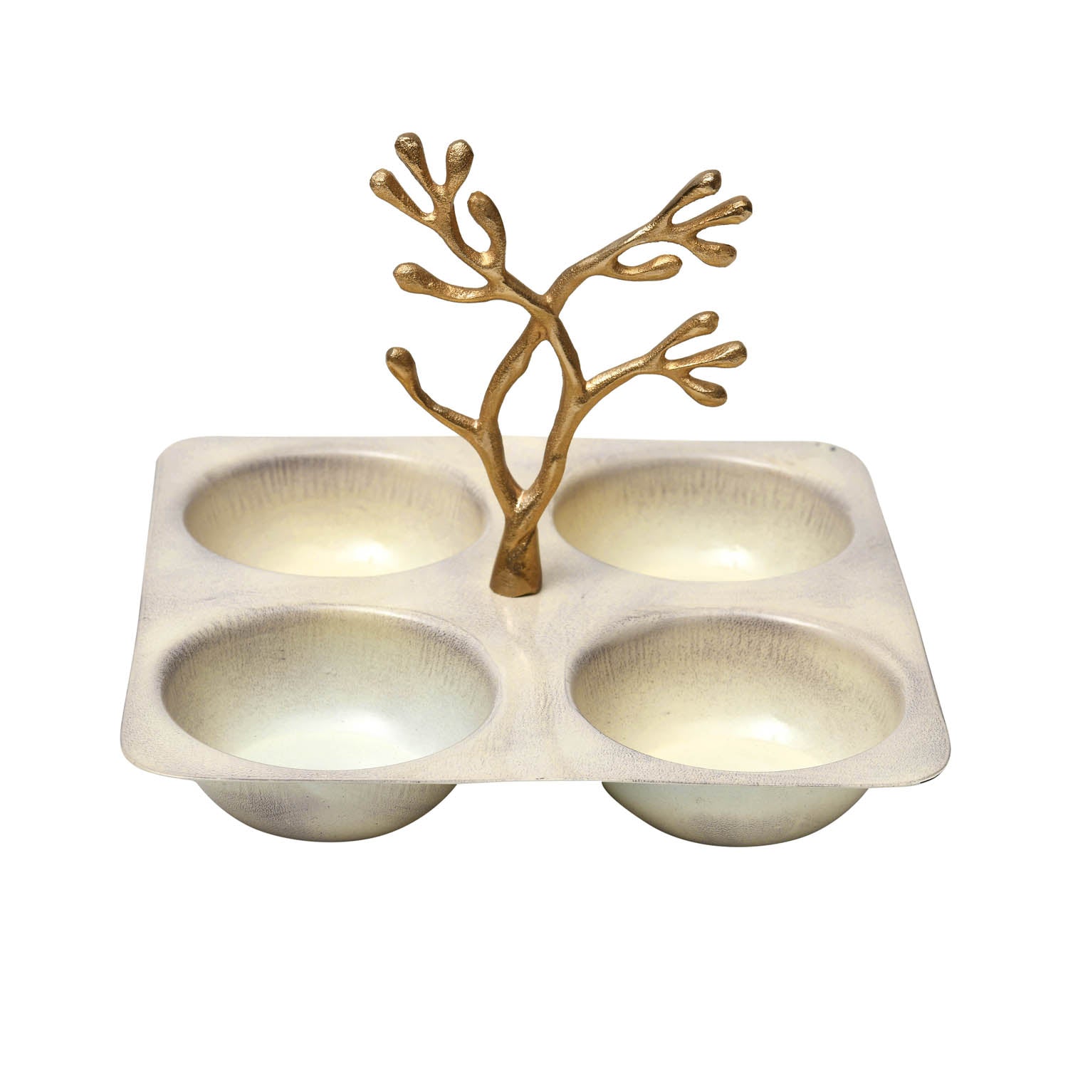 4 Compartment Square Serving Platter With Golden Branch- Beige and Gold