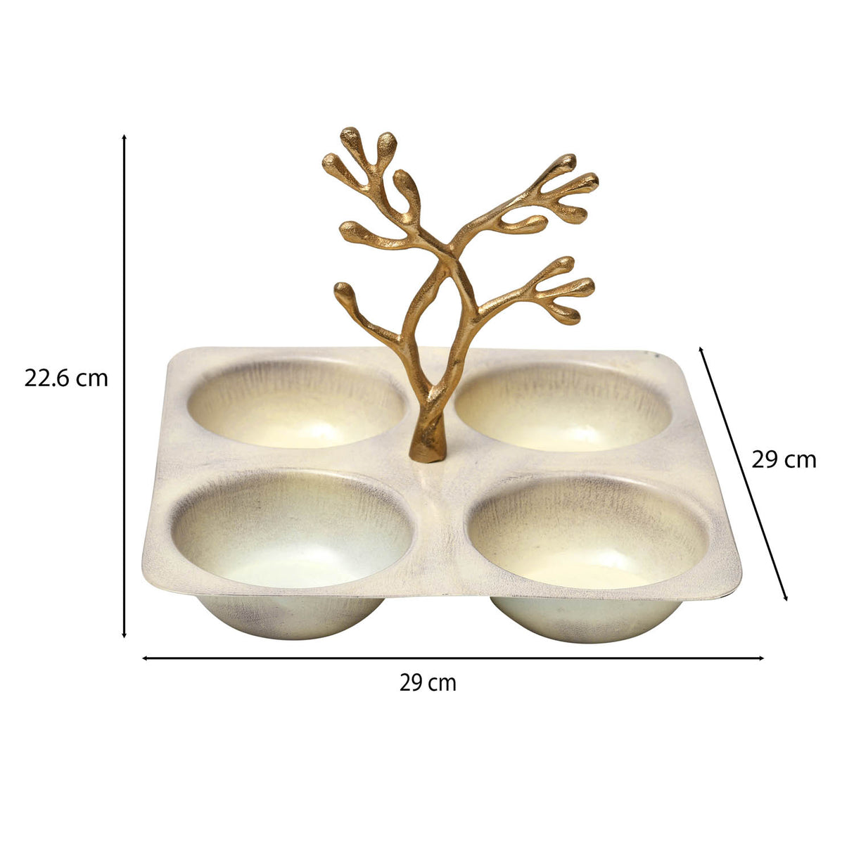 4 Compartment Square Serving Platter With Golden Branch- Beige and Gold