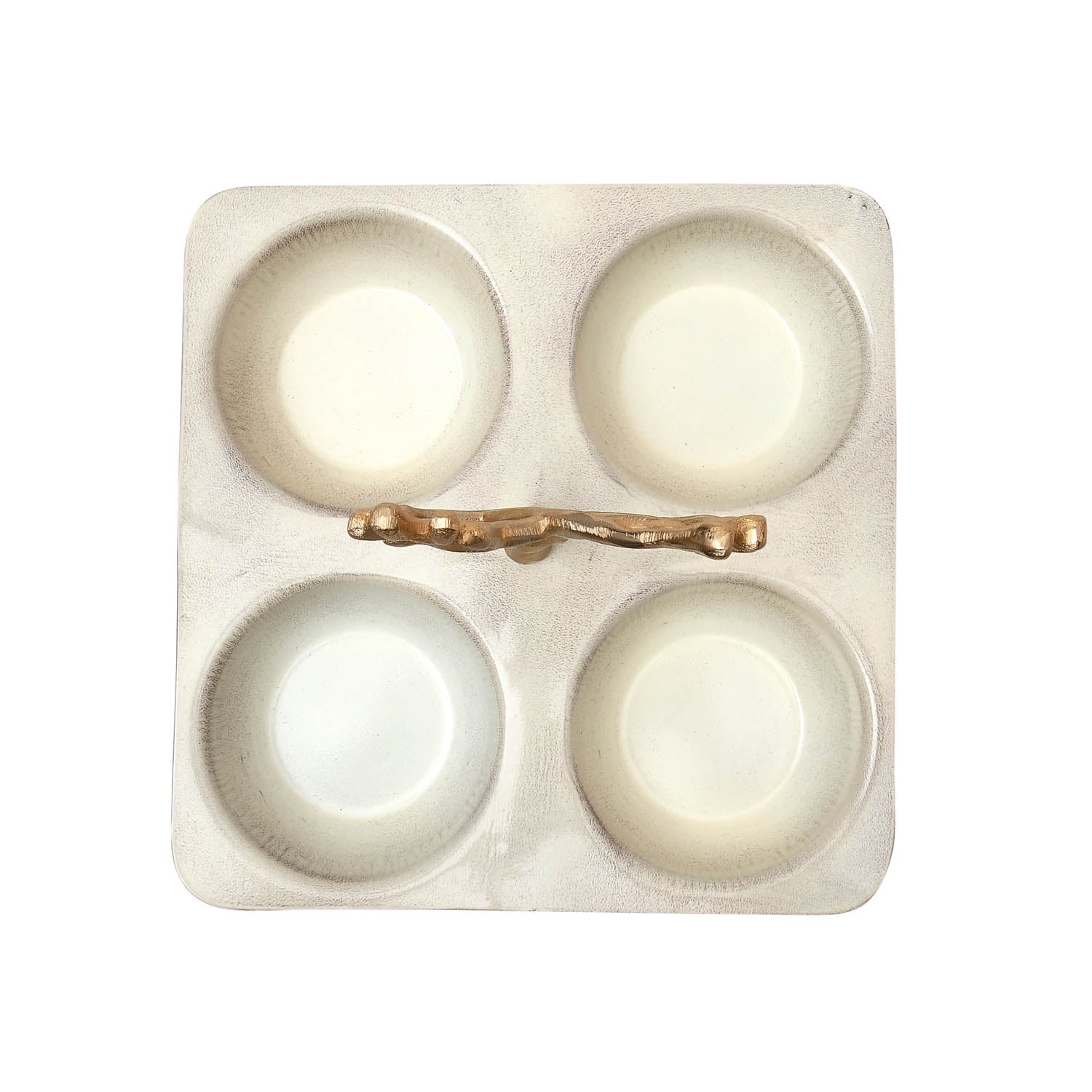 4 Compartment Square Serving Platter With Golden Branch- Beige and Gold