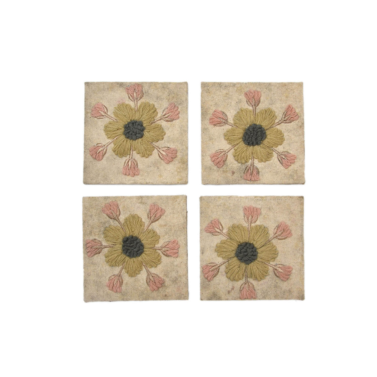 Floral Embroidery Cotton Set of 4 Coaster- Beige and Green