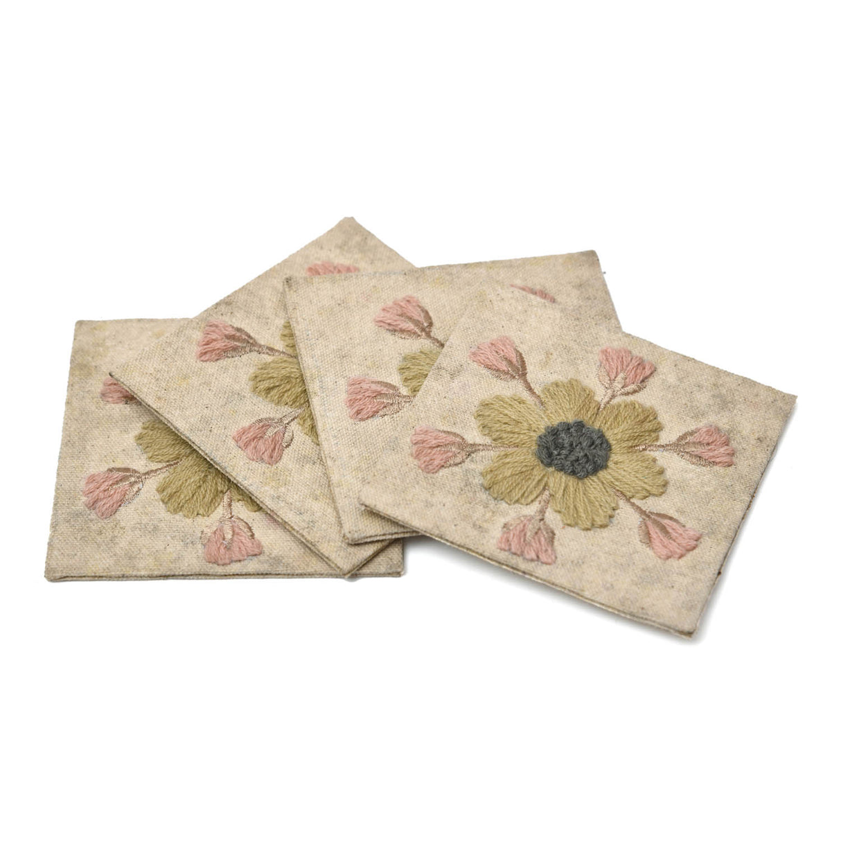Floral Embroidery Cotton Set of 4 Coaster- Beige and Green