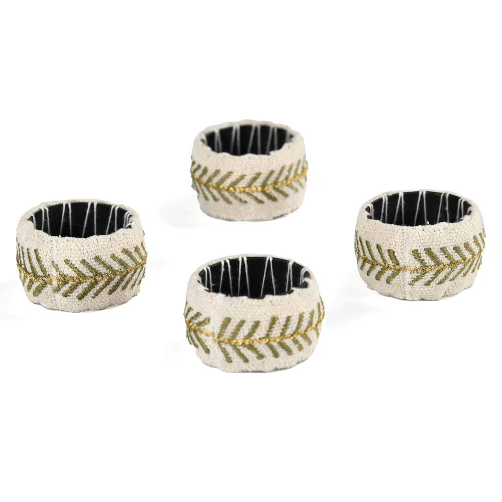 Palm Tree Embroidery Napkin Rings Set of 4- Beige and Brown
