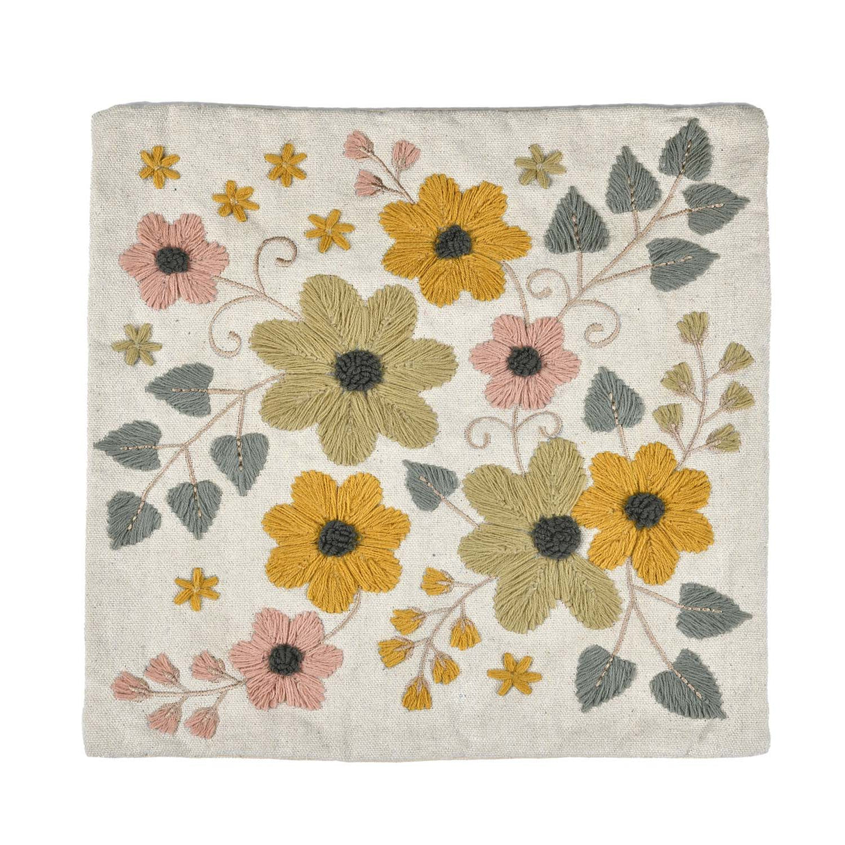 Floral Embroidery Cotton Cushion Cover- Beige and Green