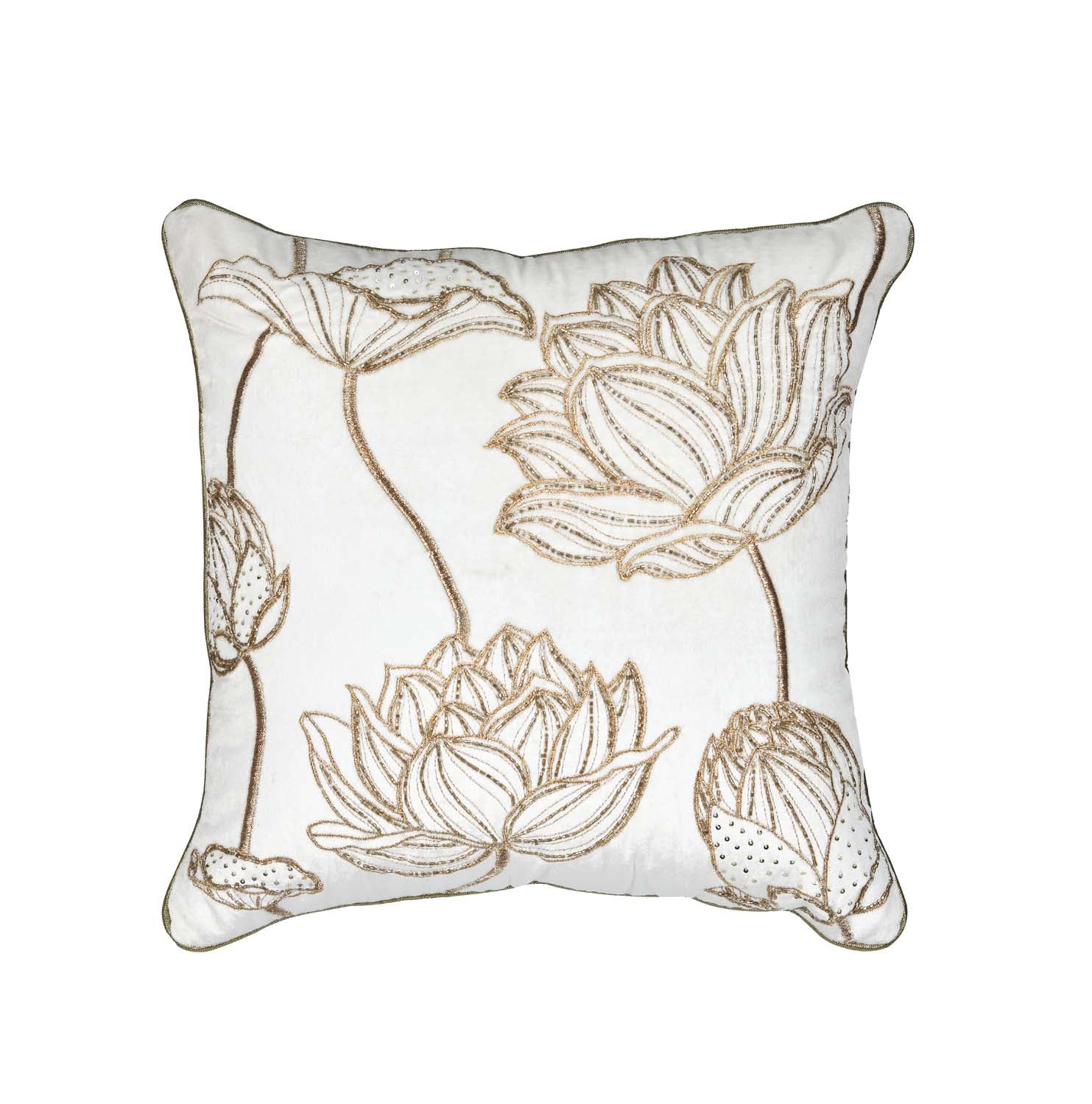 Multi Lotus Bloom Pattern Fabric Cushion Cover- Off-white