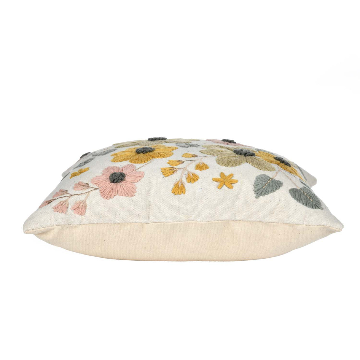 Floral Embroidery Cotton Cushion Cover- Beige and Green