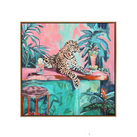 Sitting leopard canvas painting (green & pink) on white background 1