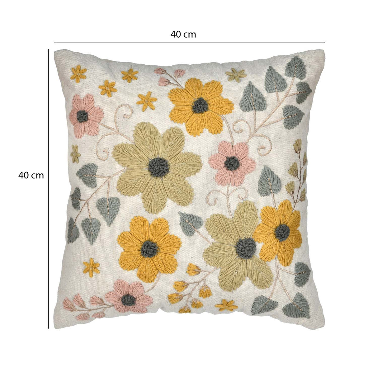 Floral Embroidery Cotton Cushion Cover- Beige and Green