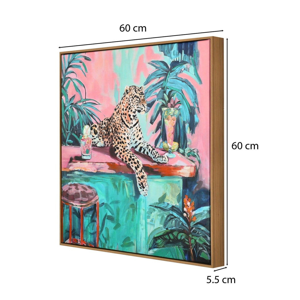 angled view of Sitting leopard canvas painting (green & pink) with dimension, 60 x 60 x 5.5 cm 1