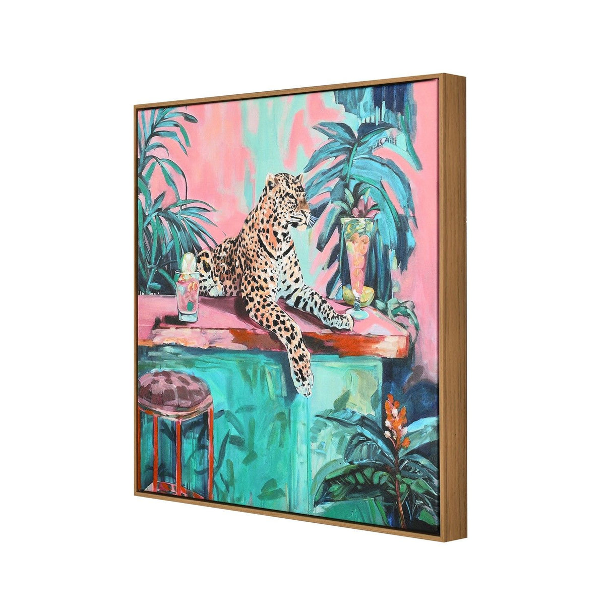 angled view of Sitting leopard canvas painting (green & pink) 1