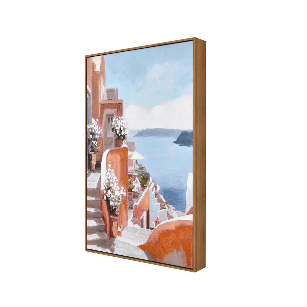 Angled view of Santorini street canvas painting with sea view right 1