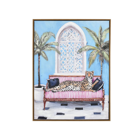 Cheetah facing right side lounging on pink striped sofa painting on a white background 1