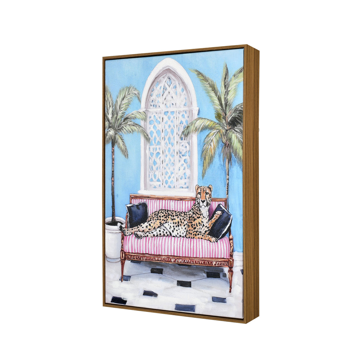 Framed wall art with cheetah on striped couch, side angle view 1