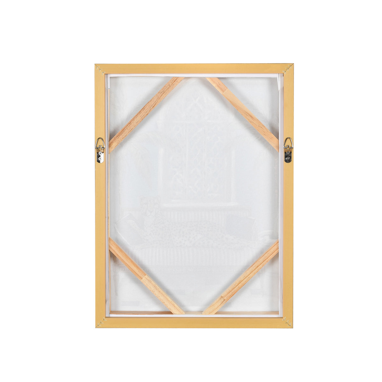 Back view of framed canvas wall art with mounting hooks and wooden support 1