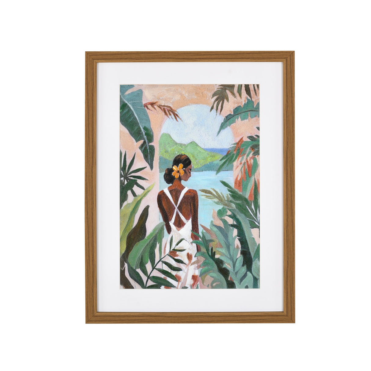 Tropical Woman Standing on the left  Canvas Wall Painting (Green) front view 1