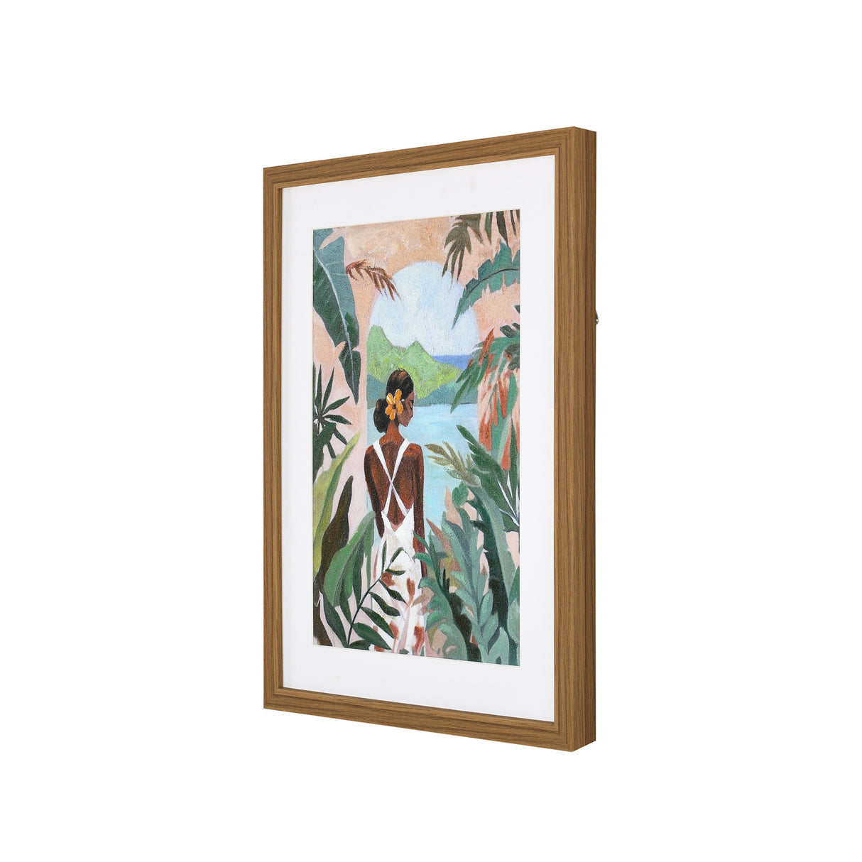 Tropical Woman Standing on the left Canvas Wall Painting (Green) left side view 1