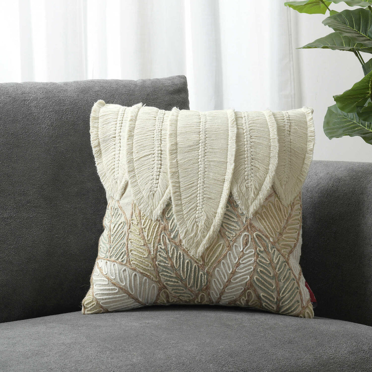 Five Leaves Embroidered Cotton & Polyester 16" x 16" Cushion Cover (Beige)