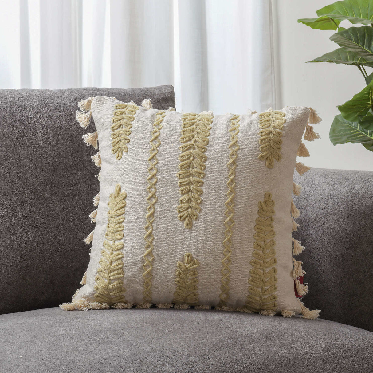 Mimosa Leaves Embroidered Cotton & Polyester 16" x 16" Cushion Cover (Beige)