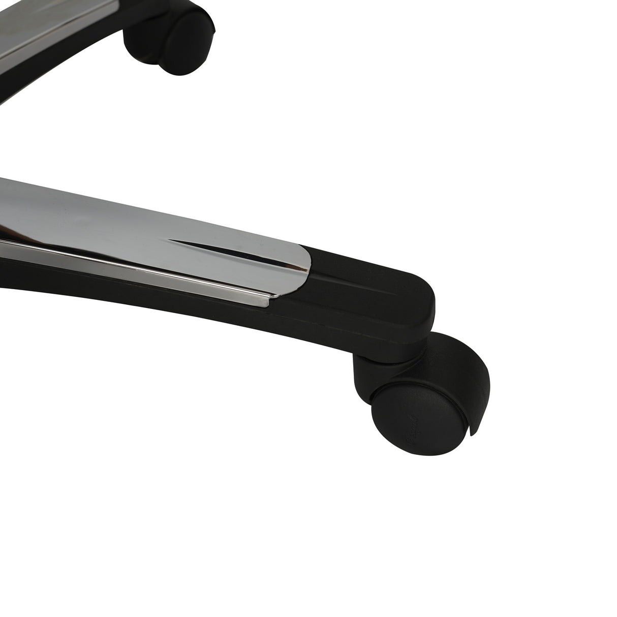 Close-up view of a black plastic and chrome metal leg of Trenvi Back Office Chair with a caster wheel 1