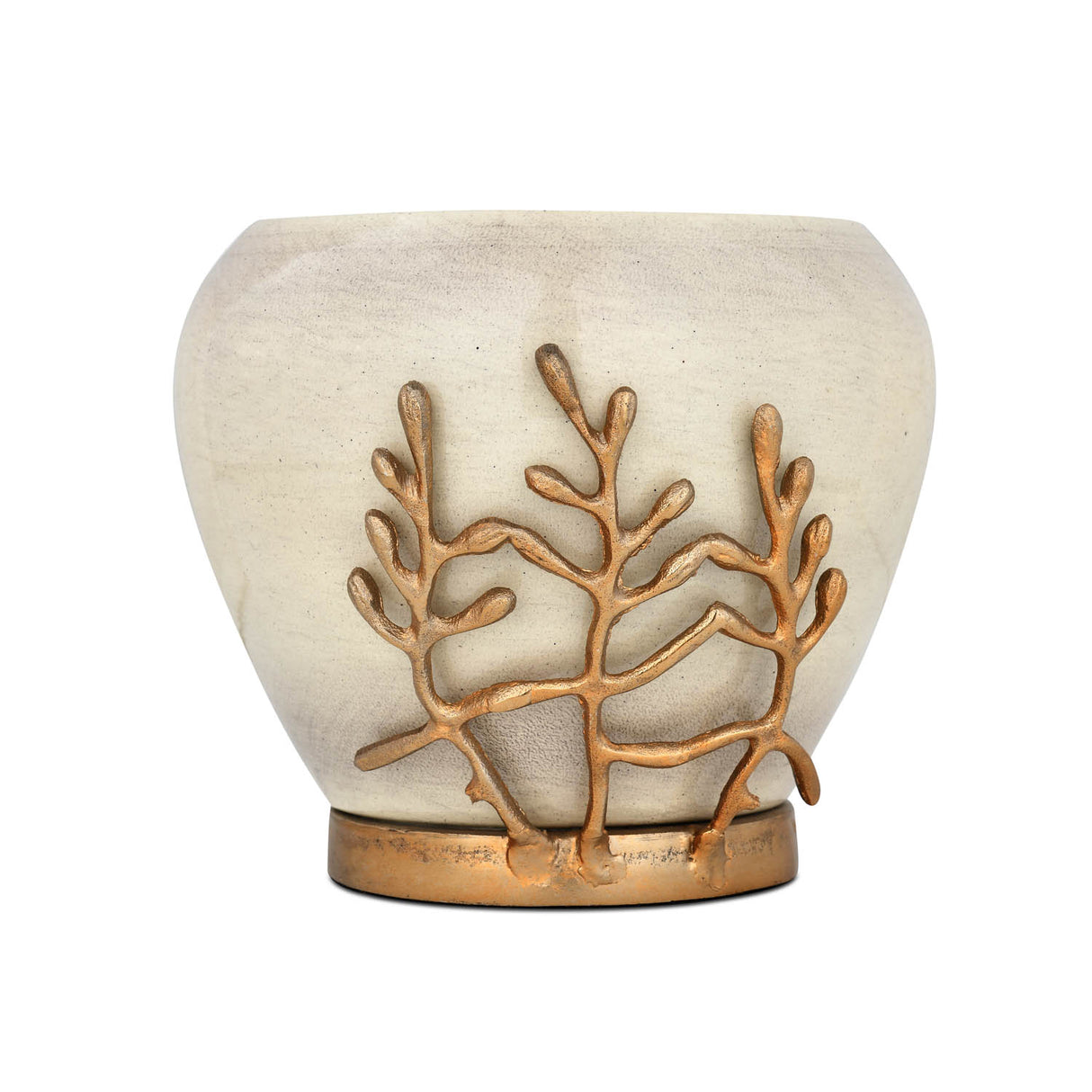 Decorative Droplet Broad Vase with Golden Branch Small- Beige and Gold