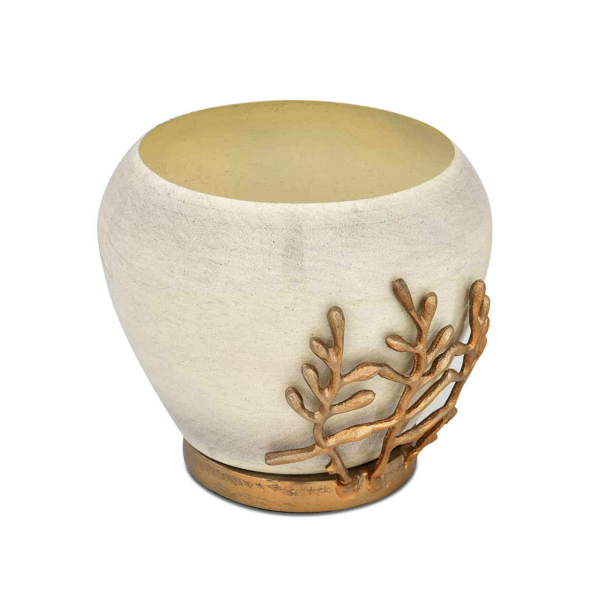 Decorative Droplet Broad Vase with Golden Branch Small- Beige and Gold