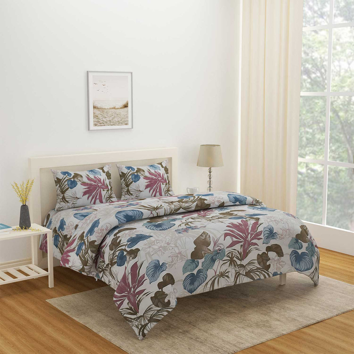 Floral 4 Pieces Polyester Double Bedding Set (Blue)