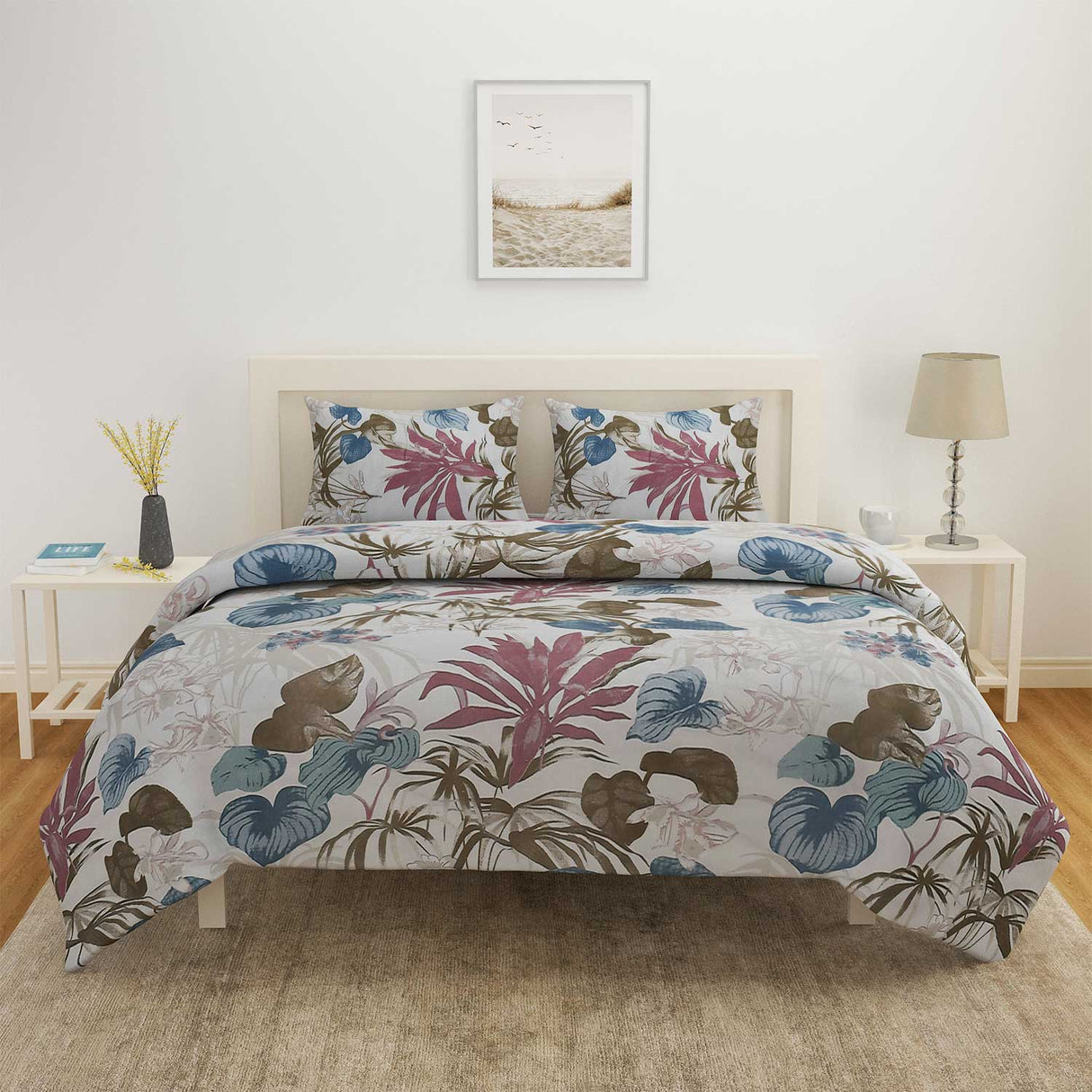 Floral 4 Pieces Polyester Double Bedding Set (Blue)