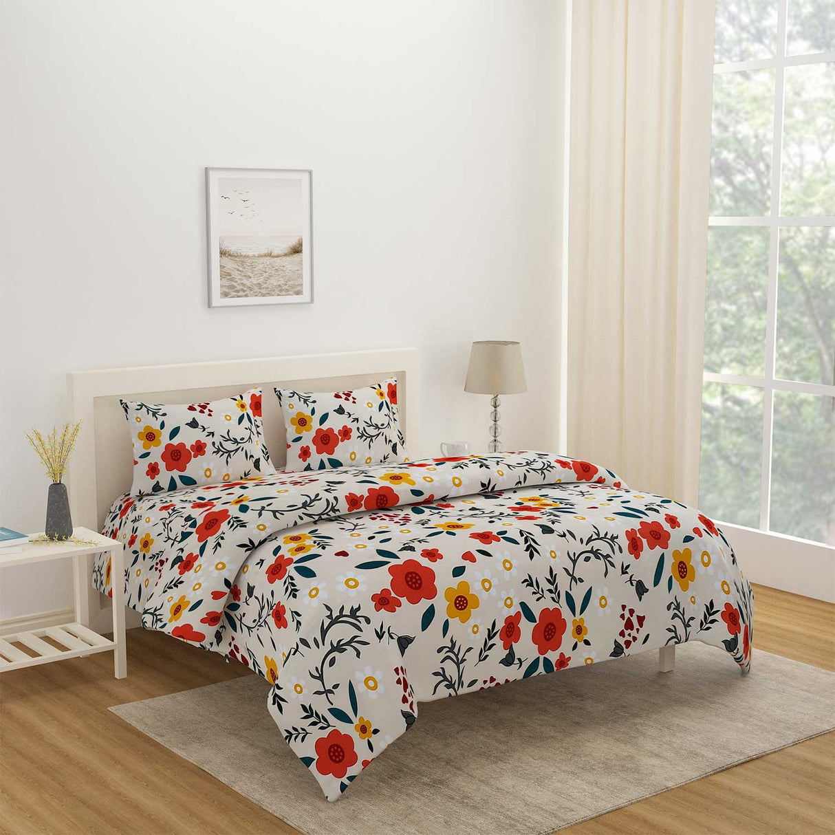 Floral 4 Pieces Polyester Double Bedding Set (Multicolor)