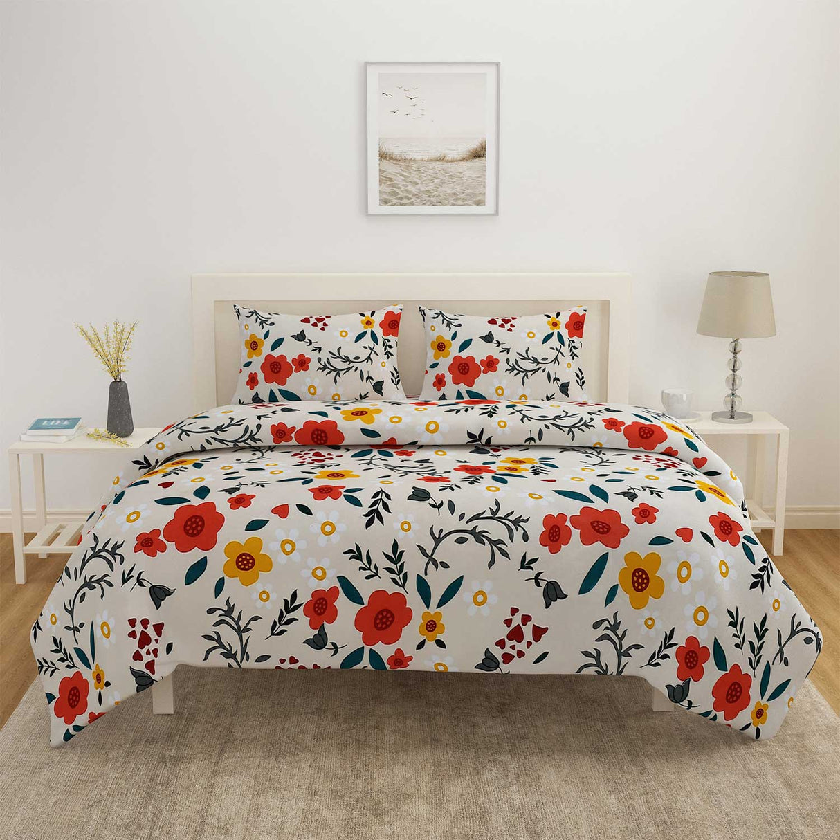 Floral 4 Pieces Polyester Double Bedding Set (Multicolor)