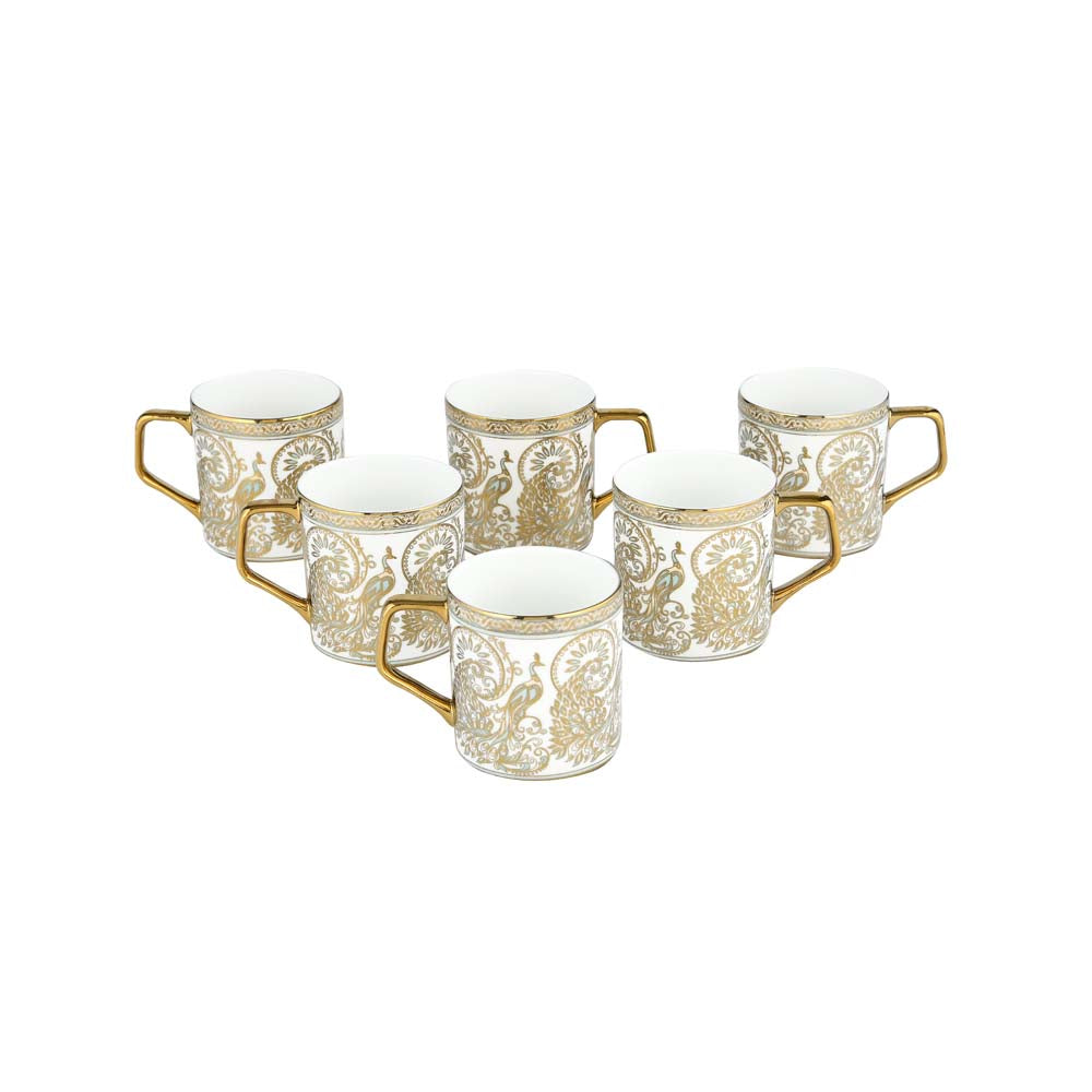 Peacock Design Coffee Mug Set of 6- White and Gold