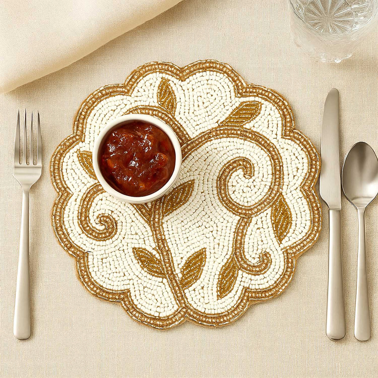 Leaf Beaded Polyester Trivet- Gold and Off-white