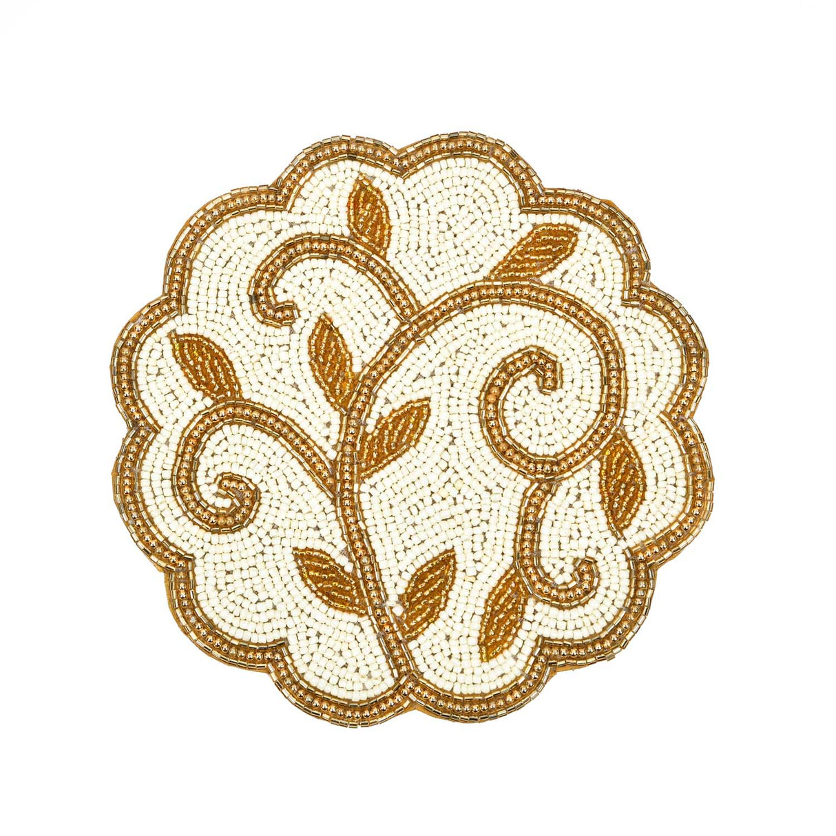 Leaf Beaded Polyester Trivet- Gold and Off-white